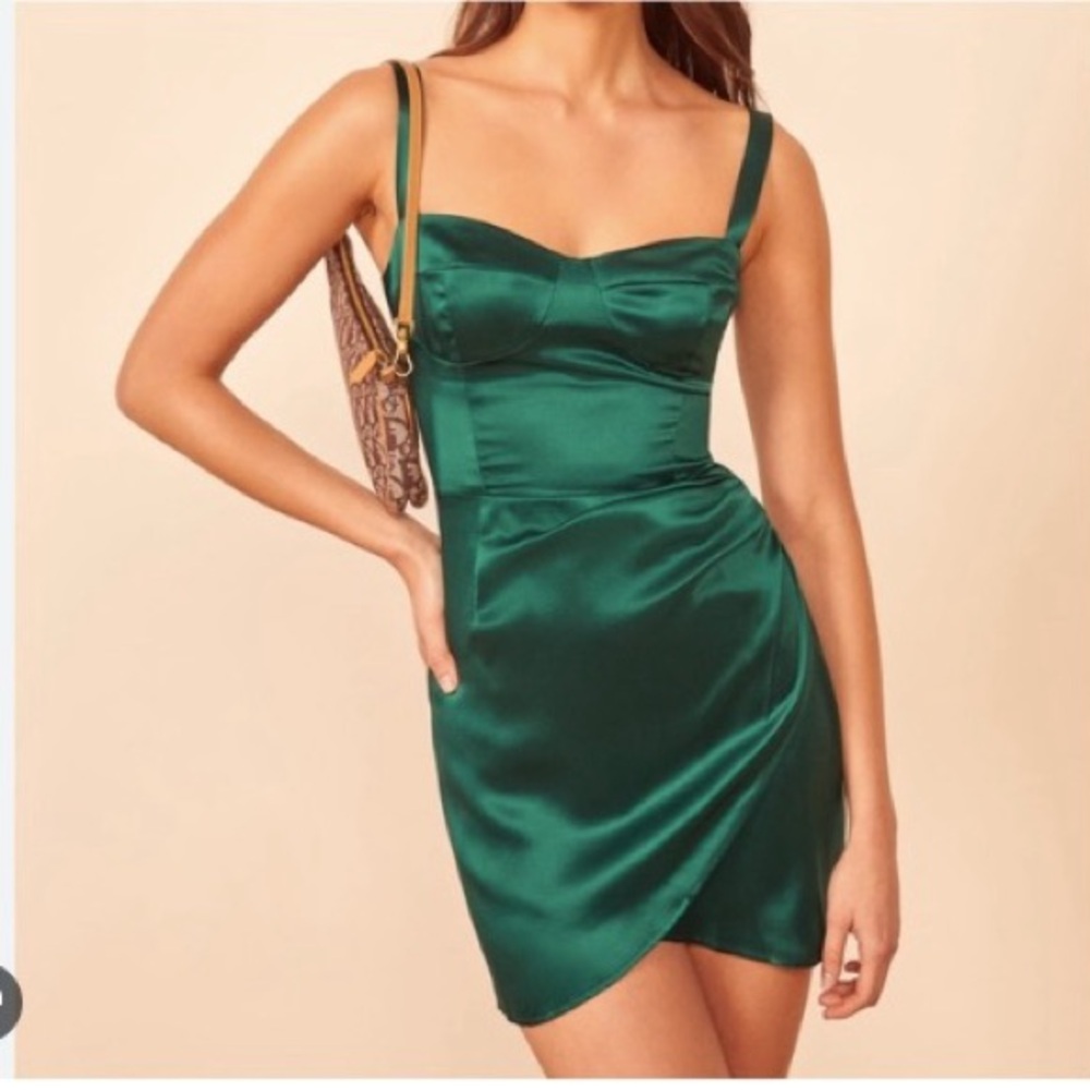 Reformation Emerald Satin Fonda Mini Dress